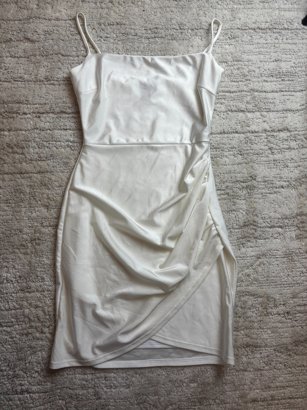Windsor White Satin Ruched Spaghetti Strap Dress Hoco